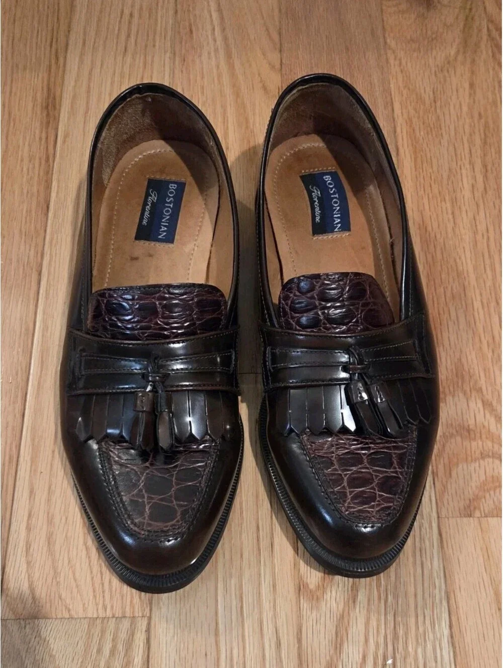 Bostonian Sz 10 W Florentine Brown Croc Embossed Leather Tassel Loafers Italy